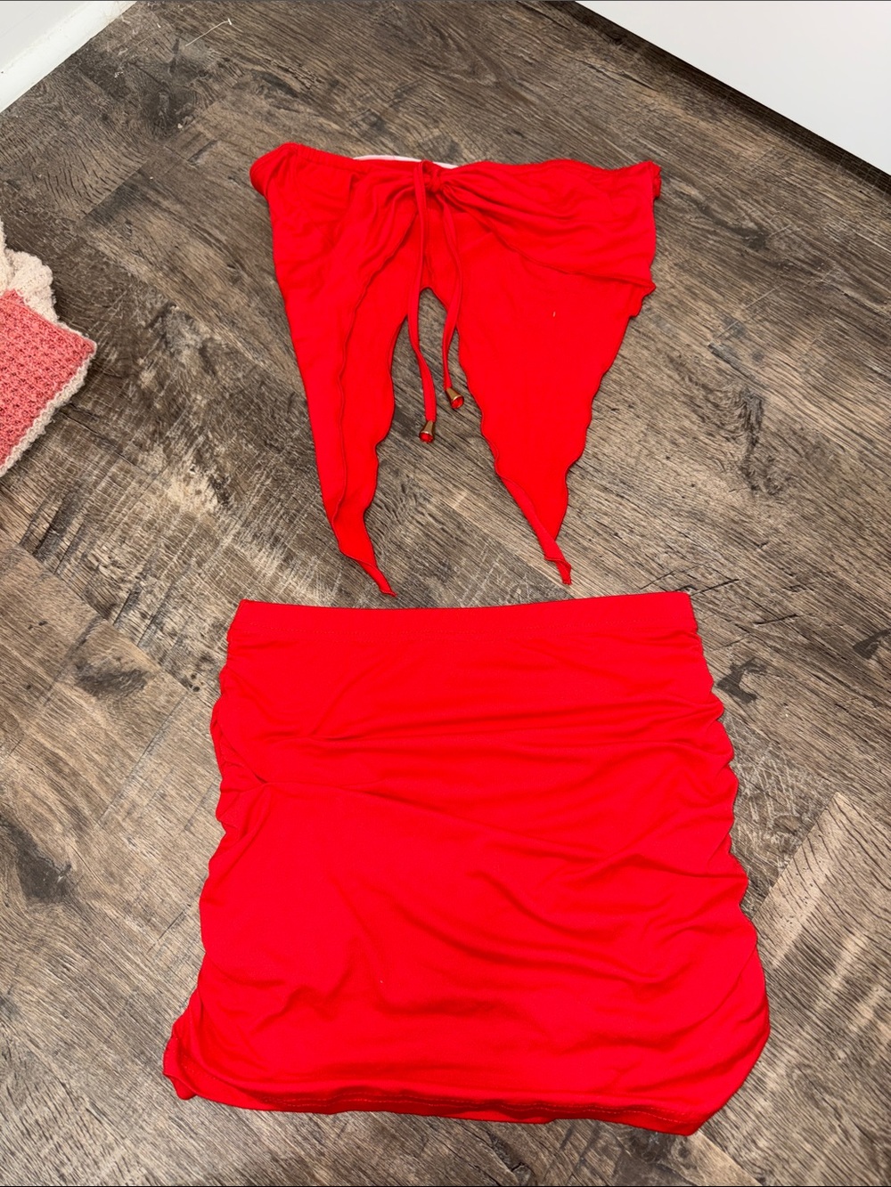SHEIN Red Ruched Two-Piece Mini Skirt Set